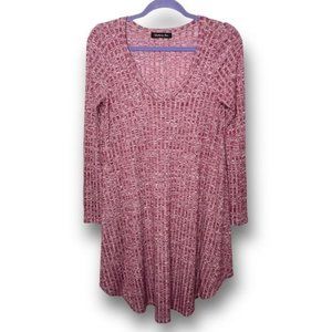 Lollipop Star Size M Burgundy Ribbed Lightweight Knit Long Sleeve V Neck Dress